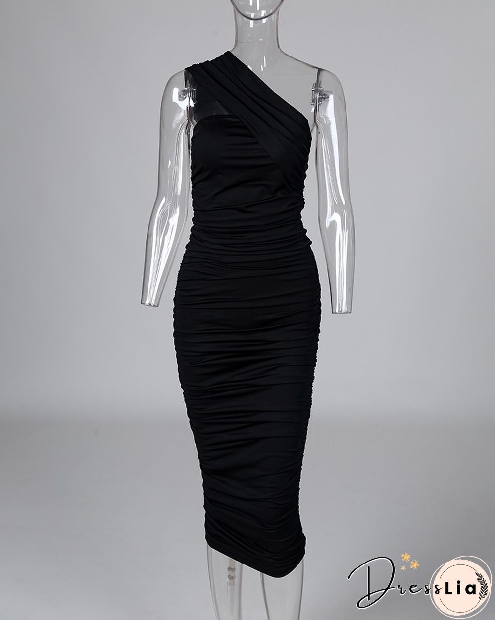 One Shoulder Sleeveless Ruched Bodycon Dress