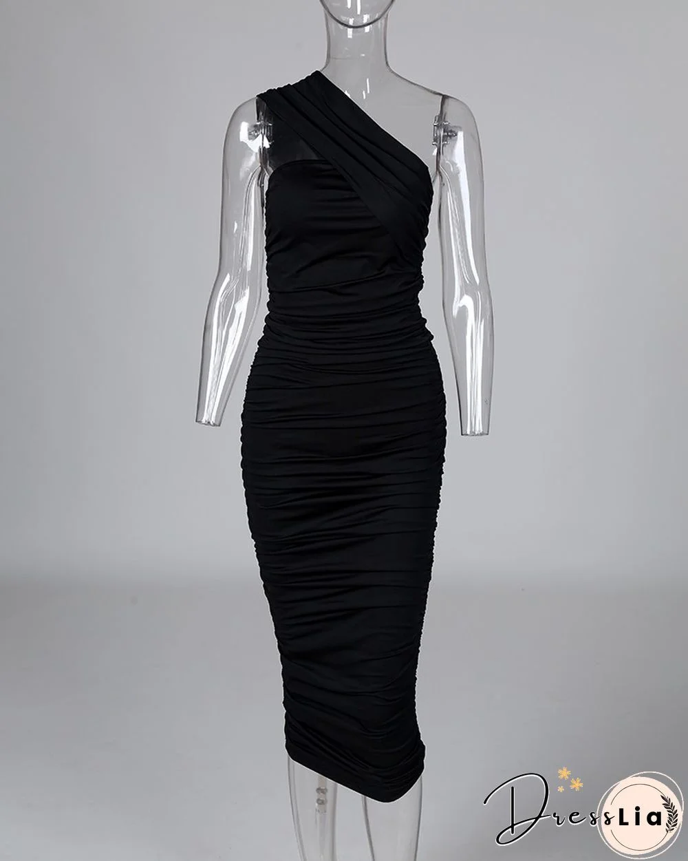 One Shoulder Sleeveless Ruched Bodycon Dress