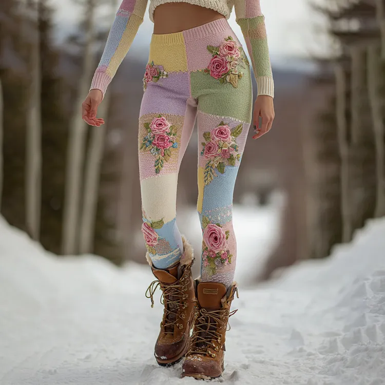 Women's Vintage Floral Patchwork Art Cozy Knit Leggings