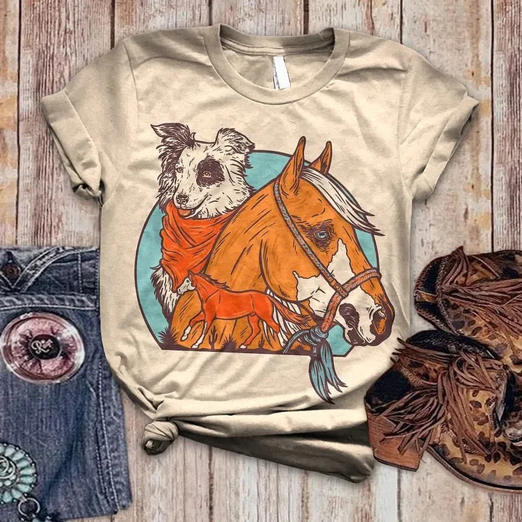 Western Dog And Horse Print Crew Neck T-shirt