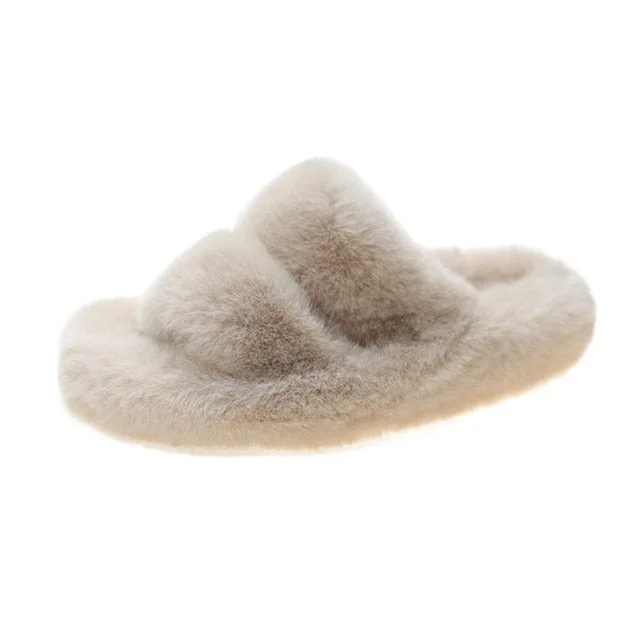 Indoor Women Fur Slippers Fluffy Soft Furry Slides Thick Flats Heel Non Slip House Shoes Ladies Luxury Design Footwear Whosale