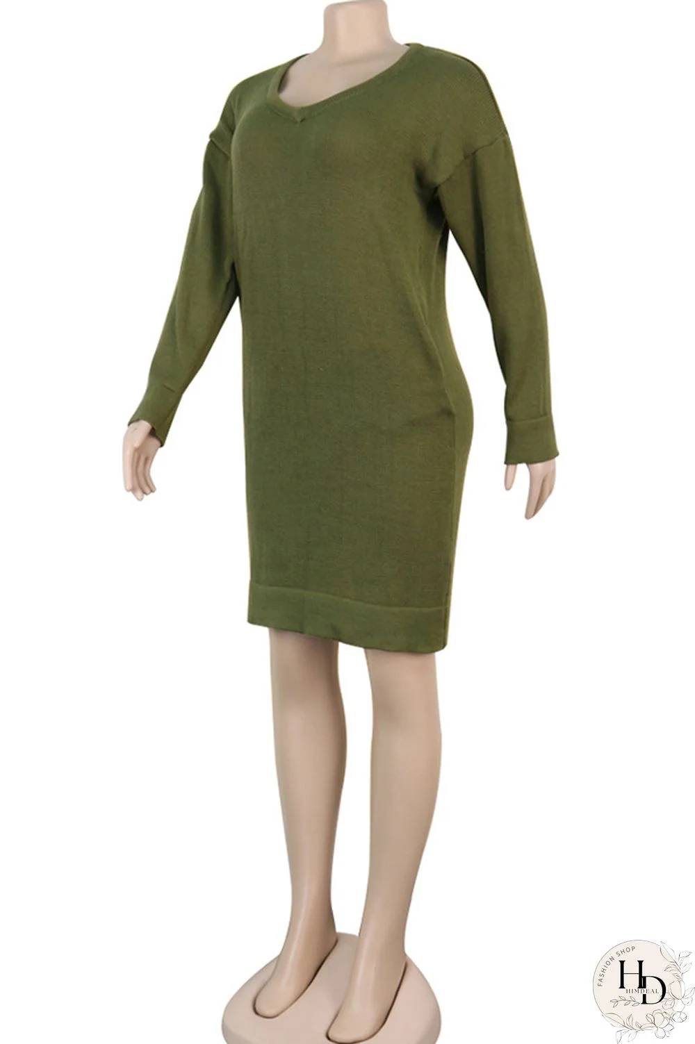 Olive green Acetyl fiber Sexy Cap Sleeve Long Sleeves V Neck Straight Knee-Length Solid