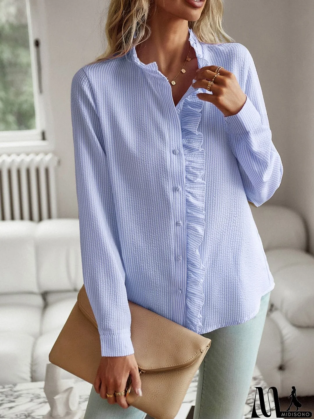 MidiSono - Ruffle Trim Long Sleeve Shirt