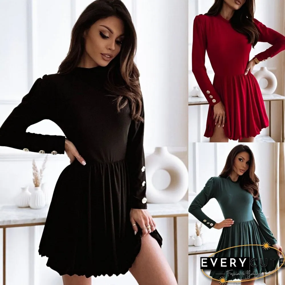 Women's Long Sleeve Solid Color Button Dress Black Dresses