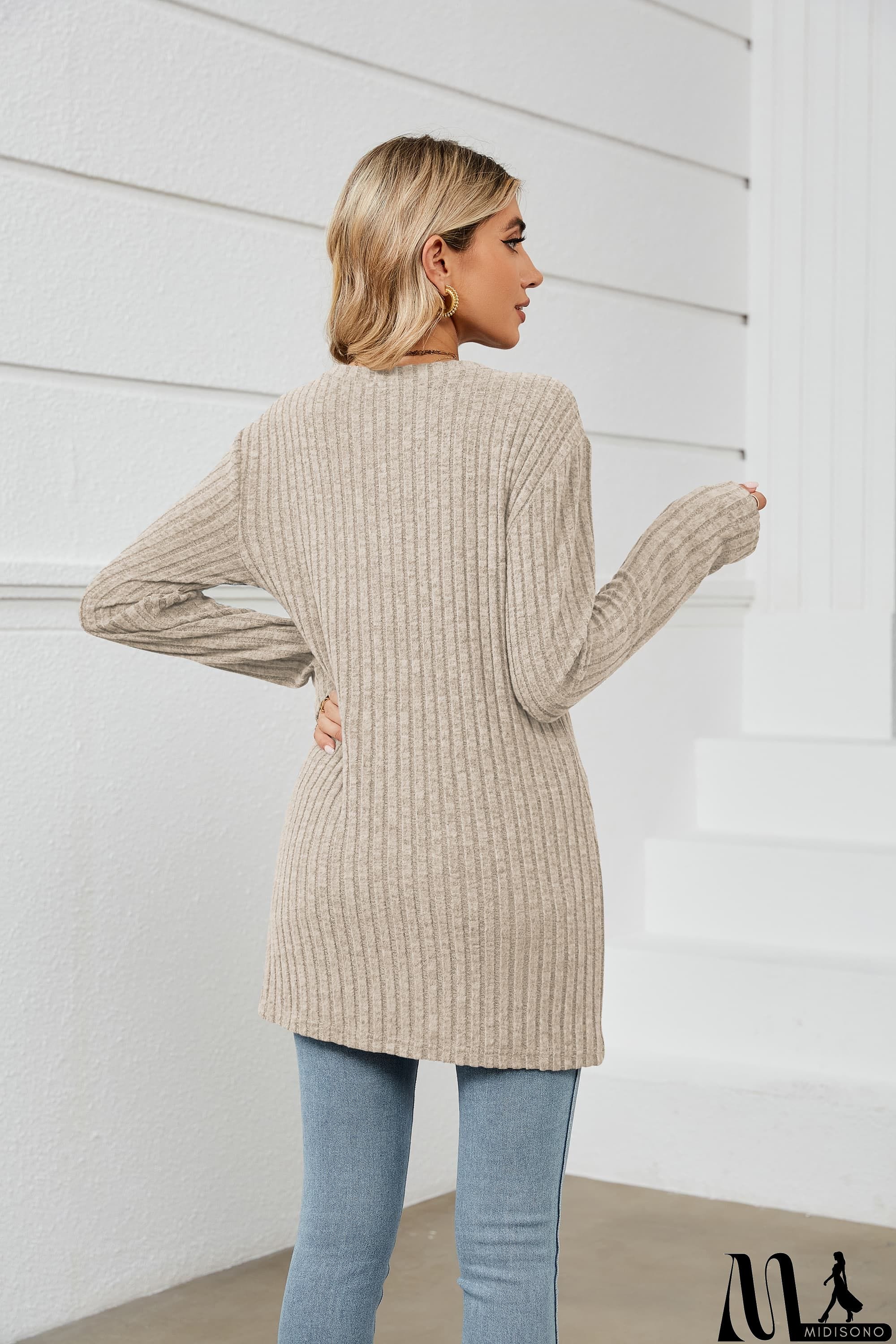 MidiSono - Notched Neck Ribbed Long Sleeve T-Shirt