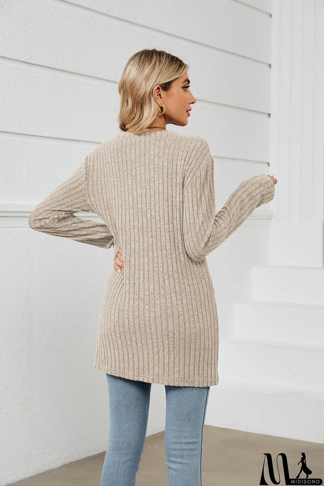 MidiSono - Notched Neck Ribbed Long Sleeve T-Shirt