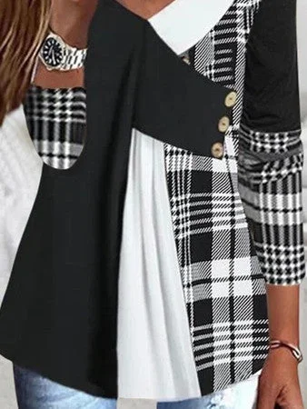 Women Long Sleeve V-neck Plaid Stitching Tops