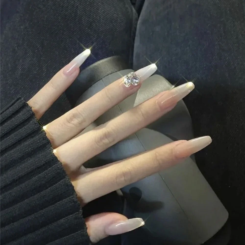 24PCS/Box Artificial Nails With Glue Milky White Pink Gradients Long Ballet Nail Stick Fake Nail Tips Full Cover Acrylic 2021-Nail Inspo