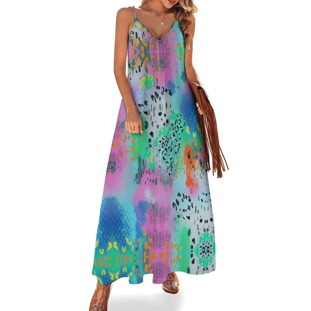 Style & Comfort for Mature Women Plus Size Printed Sling Casual Women Maxi Dress in Pattern Watercolor, Pink, Green