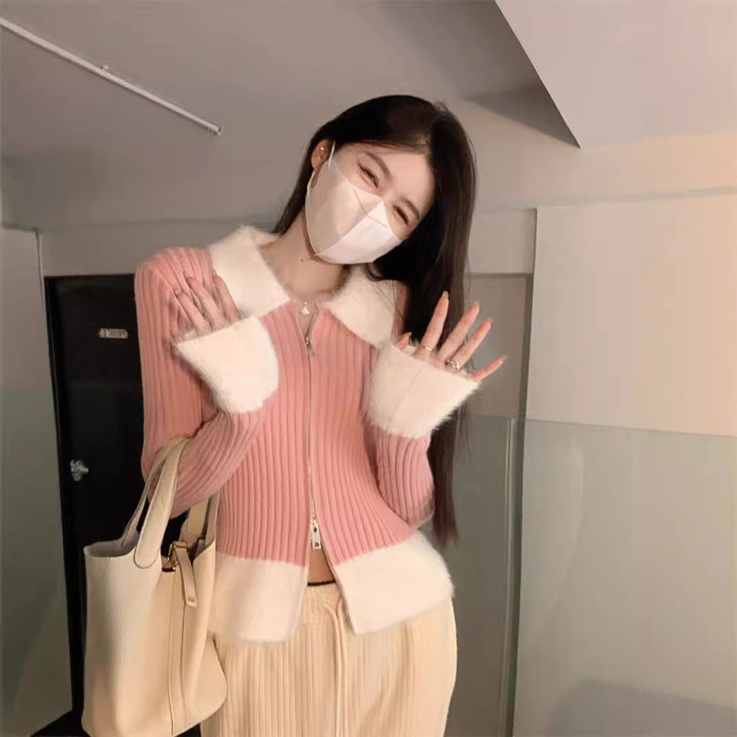 Aiertu joker costume female outfit Sweet and Spicy Fur Collar Knitted Cardigan Women's Niche Double Zipper Slimming Short Sweater aiertu