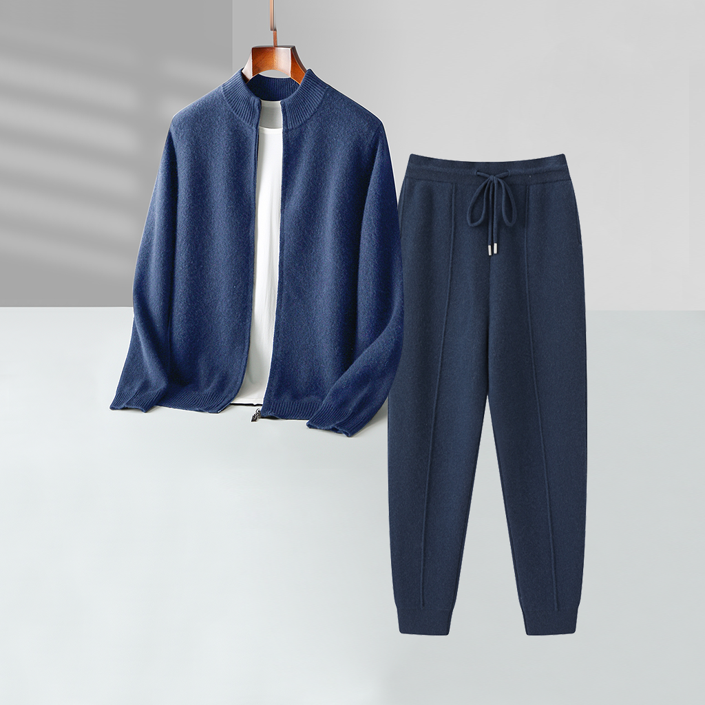 Men's Navy Blue Zip-up Mock Neck Cashmere Sweater and Pants Set | Modern Minimalist REAL SILK LIFE