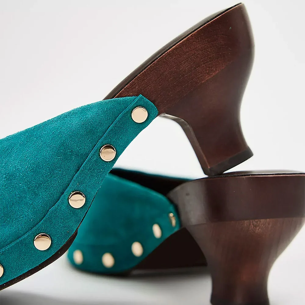 Vegan Leather Round Toe Studded Spool Heeled Mules in Teal