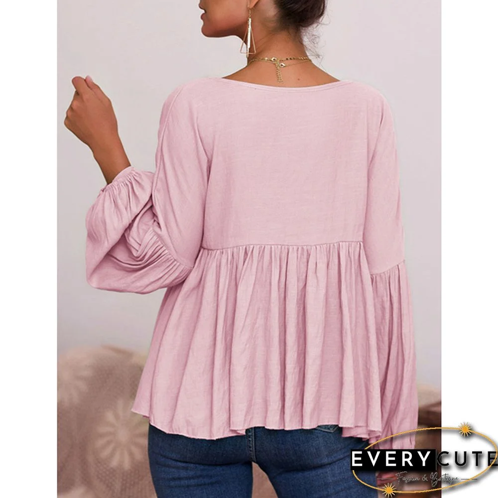 Pink V Neck Ruffled Puff Sleeve Blouse