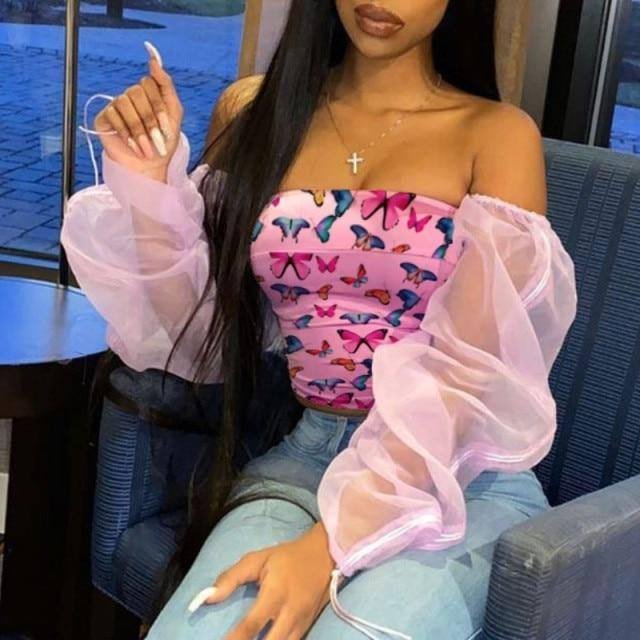 CHRONSTYLE Shirt Women Butterfly Print Blouse Crop Tops Slash Neck See-through Long Puff Sleeve Off Shoulder Backless Pullovers