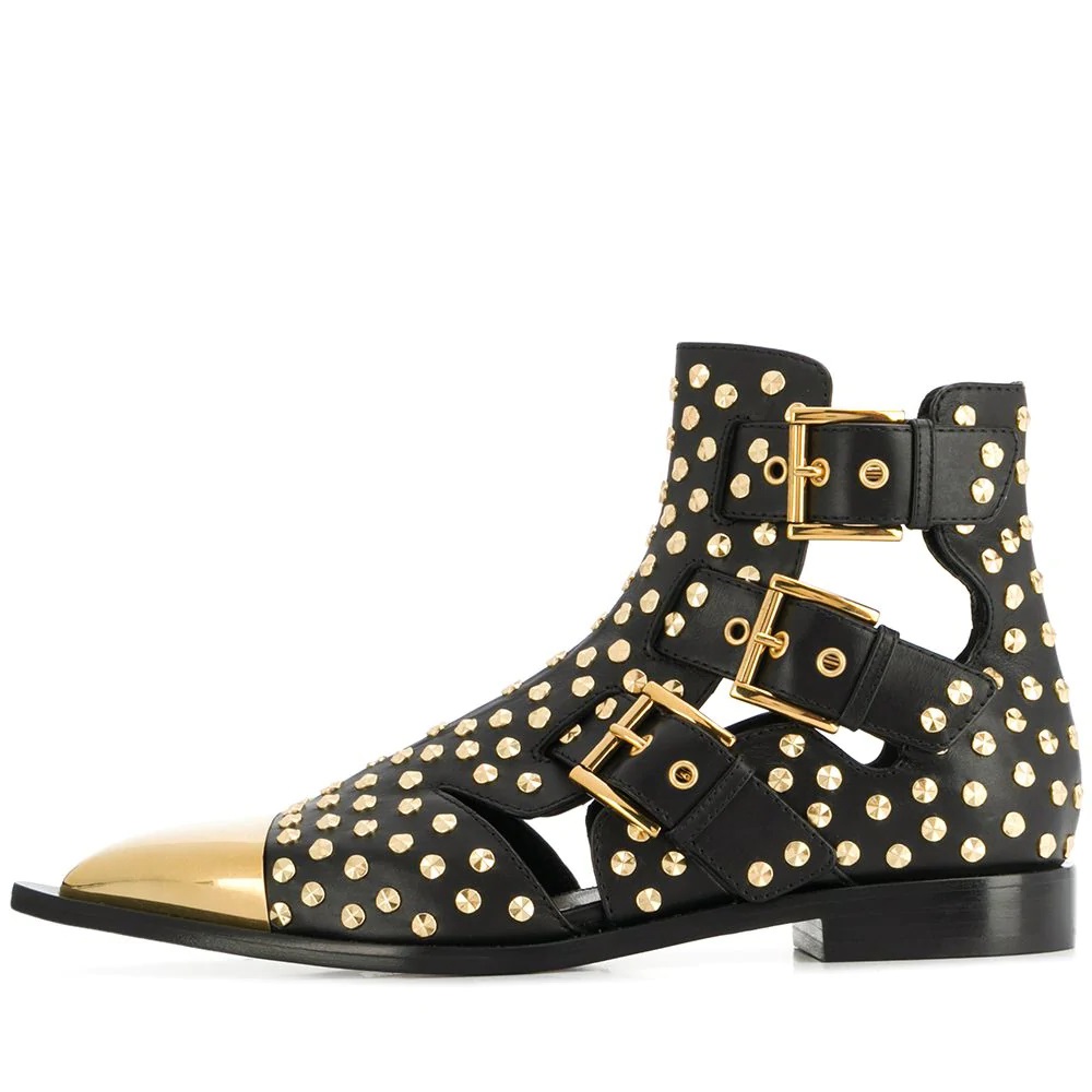 Black Buckle Grommet Strap Gold Studded Flat Cut Out Ankle Boots