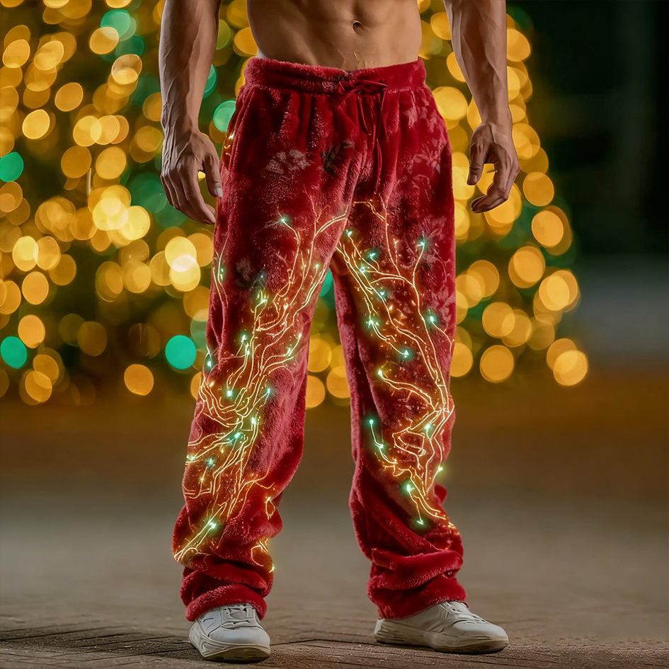 Christmas Retro Lights Design Men's Flannel Long Pants elevenforest