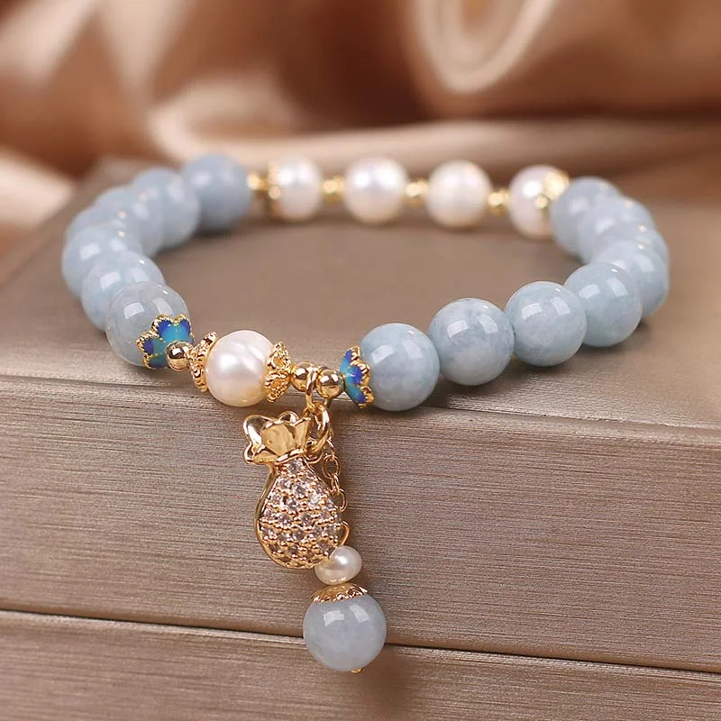 Aquamarine Pearl Fortune Money Bag Charm Bracelet
