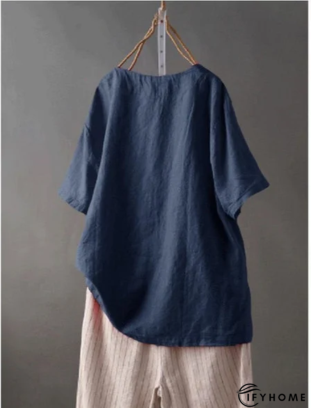 Solid Short Sleeve Buttoned Casual Crew Neck Tops | IFYHOME