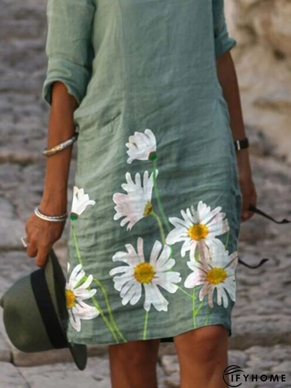 Green 3/4 Sleeve Floral V Neck Casual Daily Weaving Dress | IFYHOME