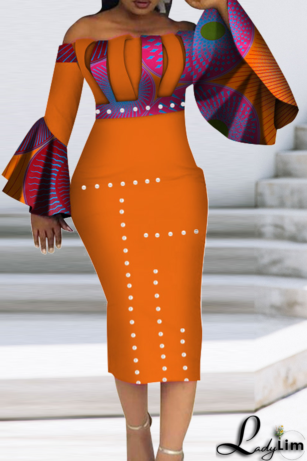 Orange Vintage Print Patchwork Off the Shoulder Pencil Skirt Dresses