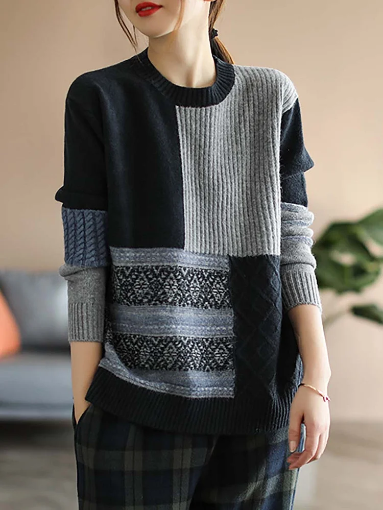 Women Winter Artsy Knitted Patchwork Roomy Warm Sweater