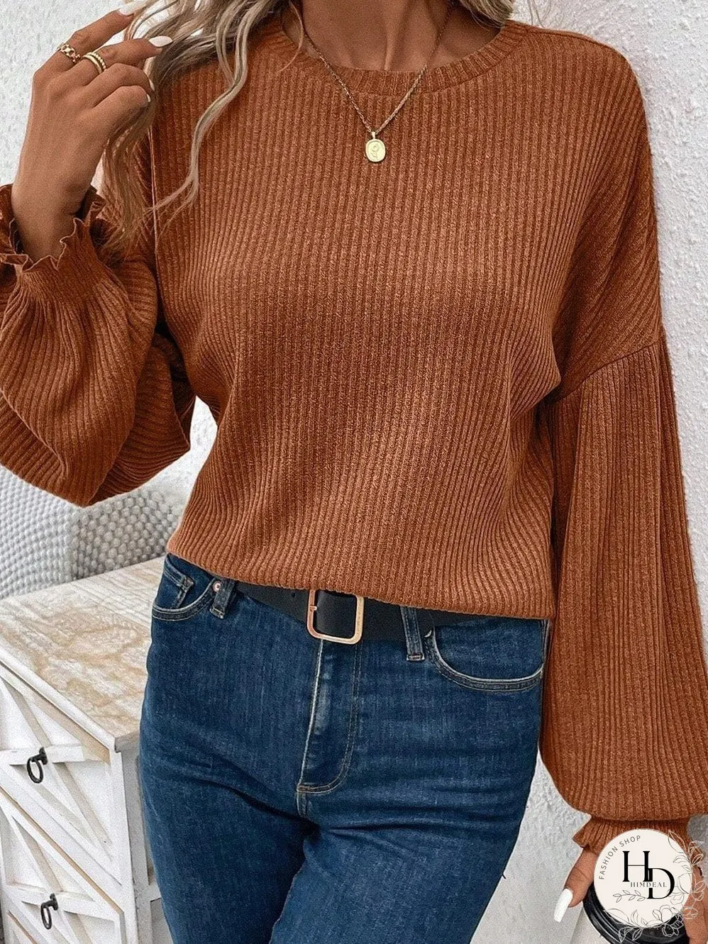 Chestnut Textured Knit Drop Shoulder Ruffled Sleeve Top