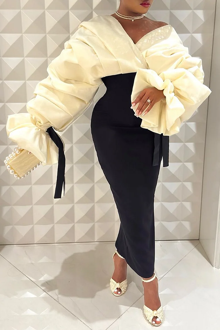 Plus Size Formal Black Wrap Neck Batwing Sleeve Long Sleeve Fold Maxi Dresses [Pre-Order]