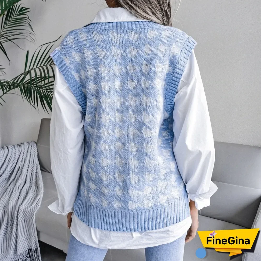 Women's Houndstooth Knit Sweater Vest Autumn New Loose V-neck Sleeveless Elegant Fashion Casual Vest Sweaters Pullover