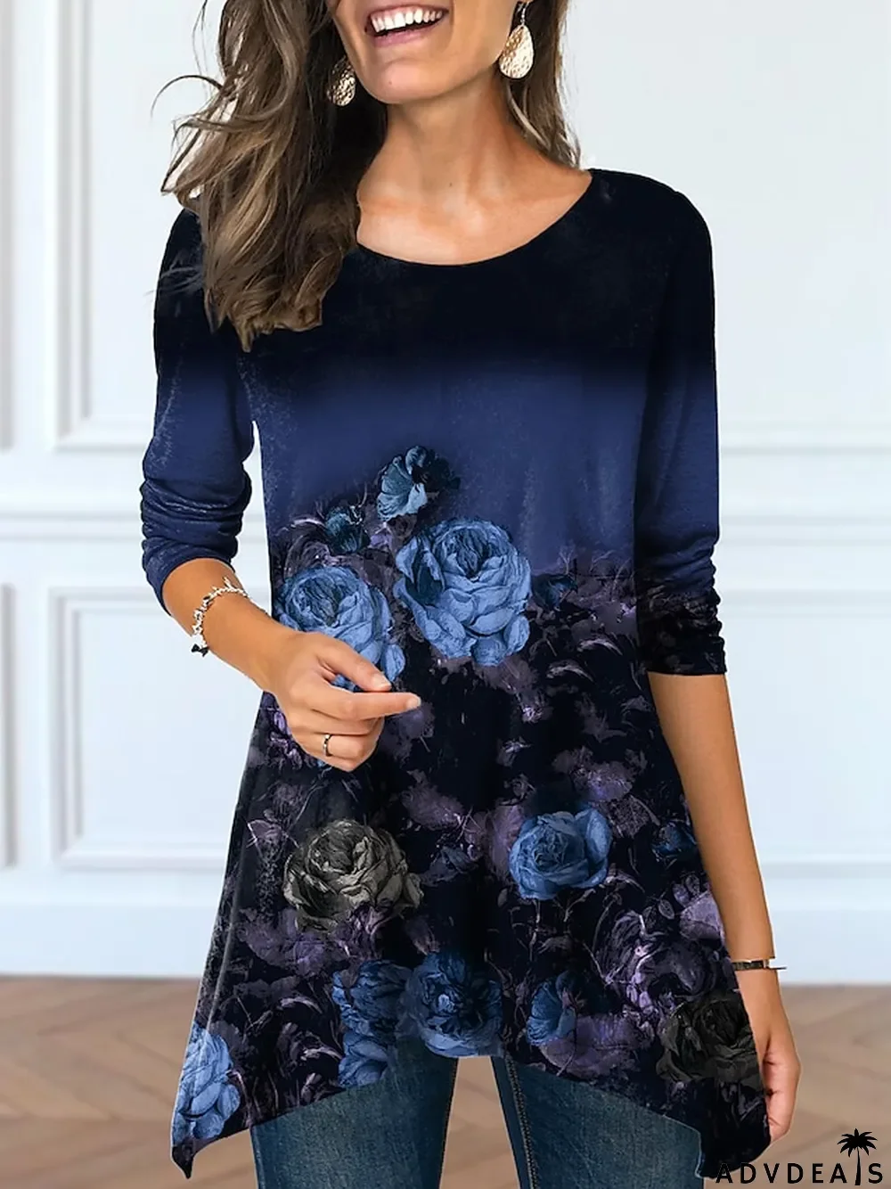 Women's T shirt Tee Pink Blue Purple Floral Rose Flowing tunic Print Long Sleeve Casual Holiday Tunic Basic Round Neck Long Floral Painting S