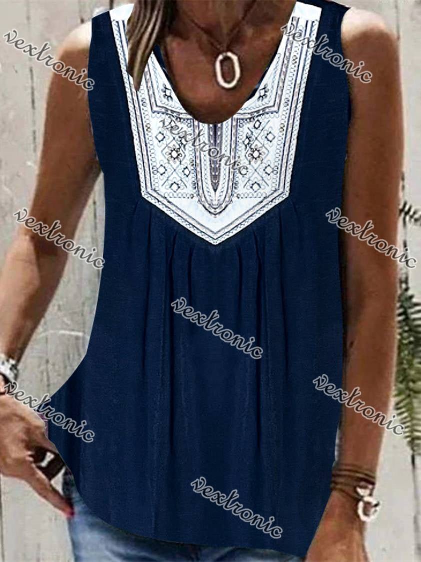 Women's Blue V-neck Sleeveless Printed Top