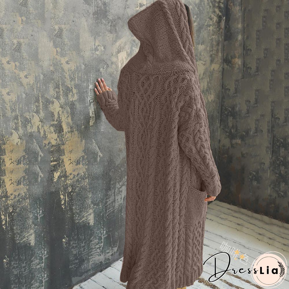 Hooded Solid Knitted Long Cardigan Twist Sweater Coat