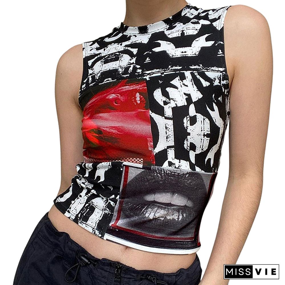 Women Trendy Portrait Letter Printed Tank Tops Summer Vest Female Round Neck Sleeveless Slim Fit Crop Tops