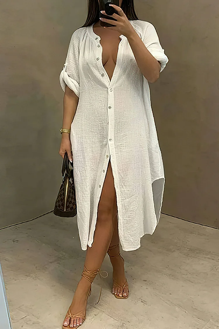 White Fashion Casual Solid Patchwork Turndown Collar Shirt Dress