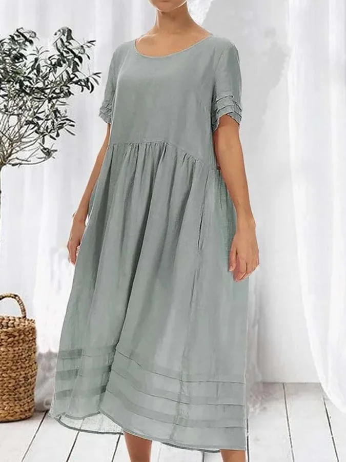 Women's Cotton Linen Pleated Short-sleeved Round Neck Dress