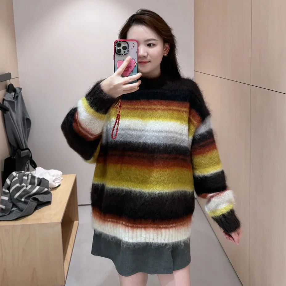 Nigikala Nigikala Women's Loose Version Of The Round-Neck Horse Seaweed Jumper Women Autumn And Winter New Striped Top