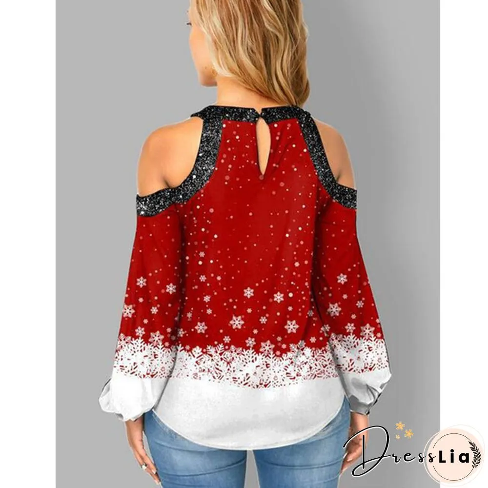 Spring and Early Autumn New Fashion Womens Christmas Printed Long Sleeve V-neck Off