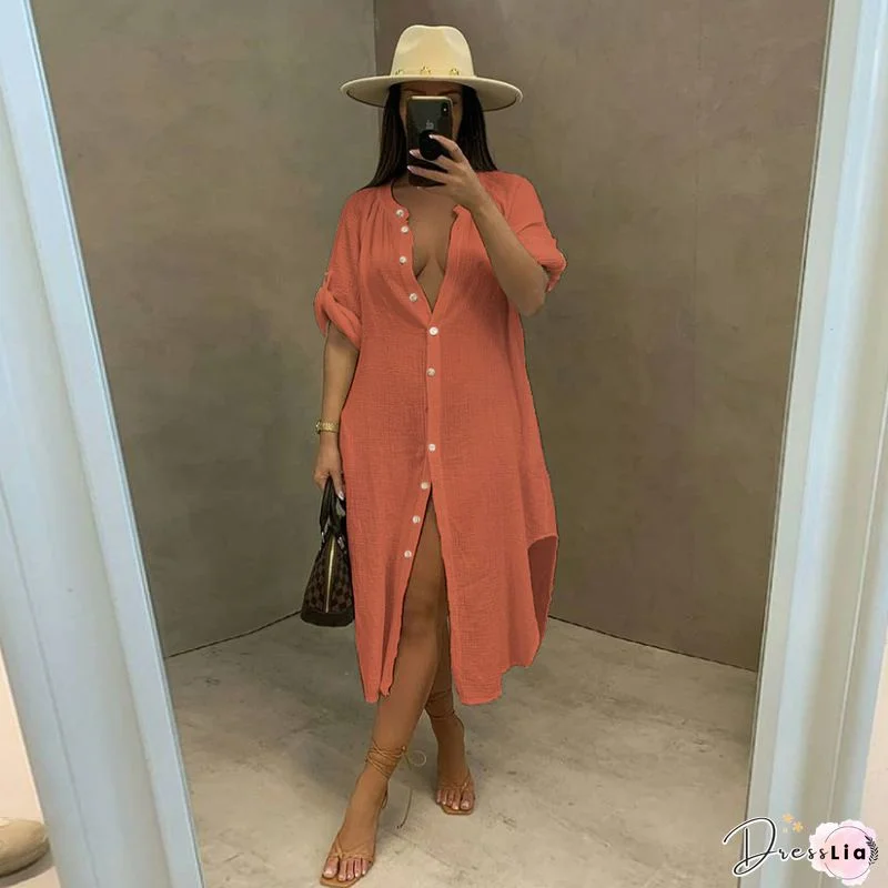 Solid Color Single-breasted Long Sleeve Shirt Dress