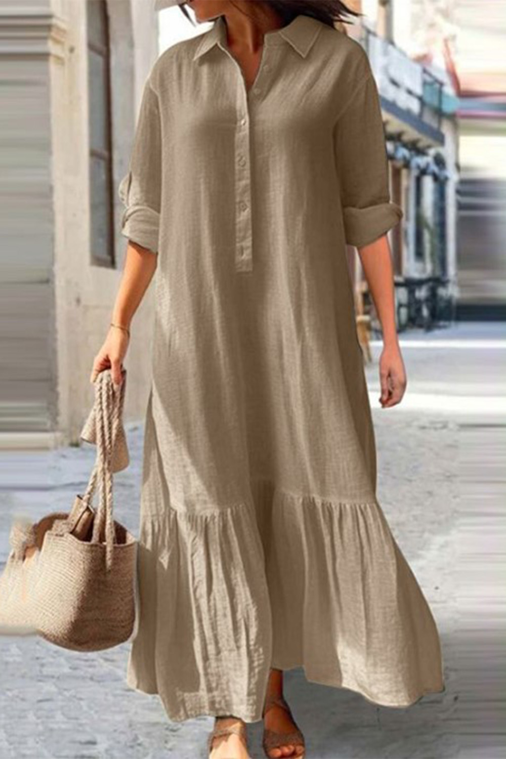 Plus Size Casual Khaki Cotton And Linen Shirt Collar Button Long Sleeve Maxi Dress 2024 - Flycurvy 