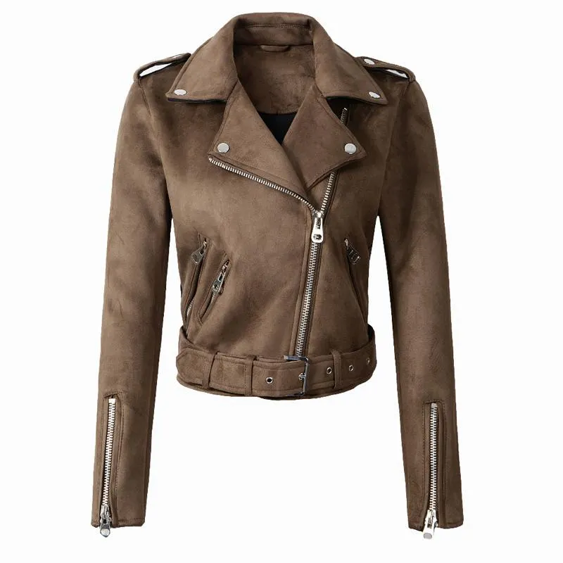 FTLZZ Women Faux Suede Jacket Coats Motorcycle Zipper Turndown Collar Faux Soft Leather Overcoat Female Black Punk Short Jacket