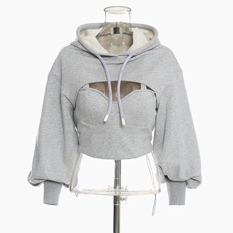 Pongl Hollow Out Gray Sweatshirt For Women Hooded Collar Long Sleeve Fake Two Casual Short Tops Female 2022 Spring New