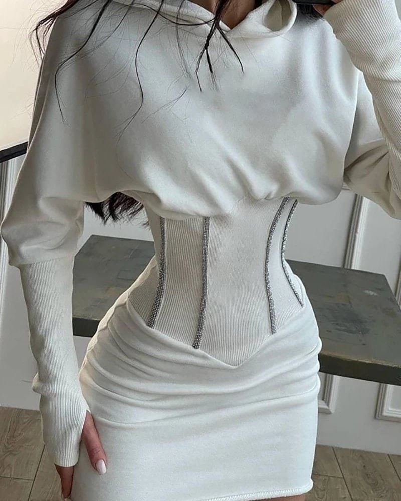 Long Sleeve Corset Hooded Sweatshirt Dress - VSMEE