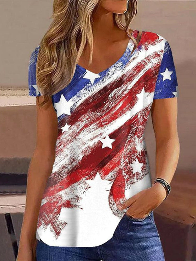 Women's Graphic Printed Hollow Short Sleeve V-neck Top