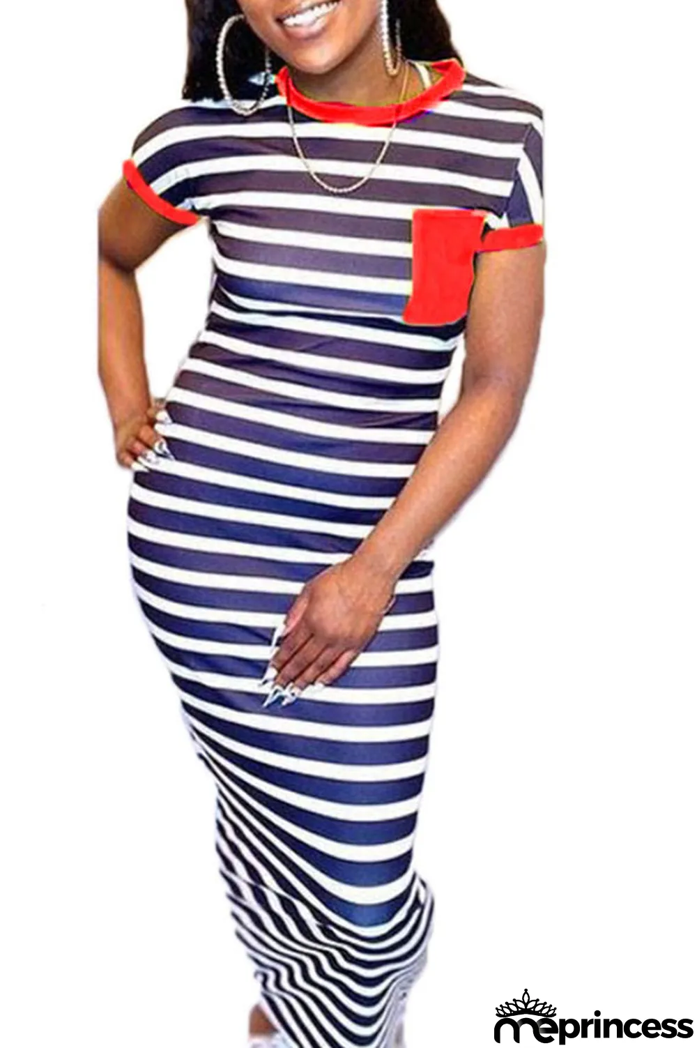 Red Milk. Casual Red Yellow Bat sleeve Short Sleeves O neck Step Skirt Ankle-Length Striped Print Dresses