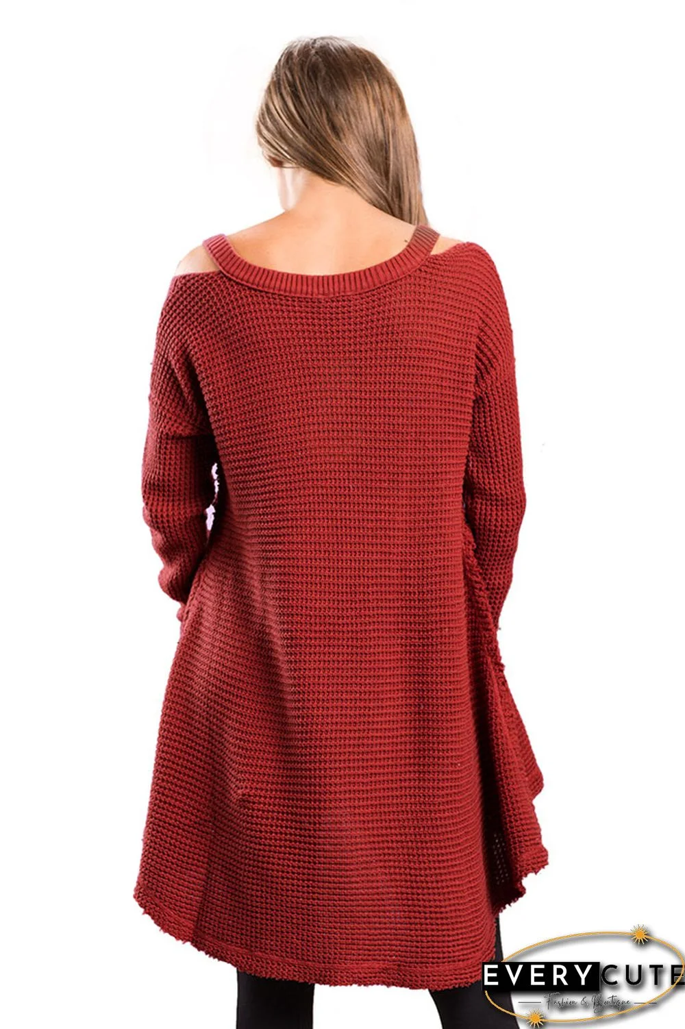 Red V Neck Waffle Knit Sweater