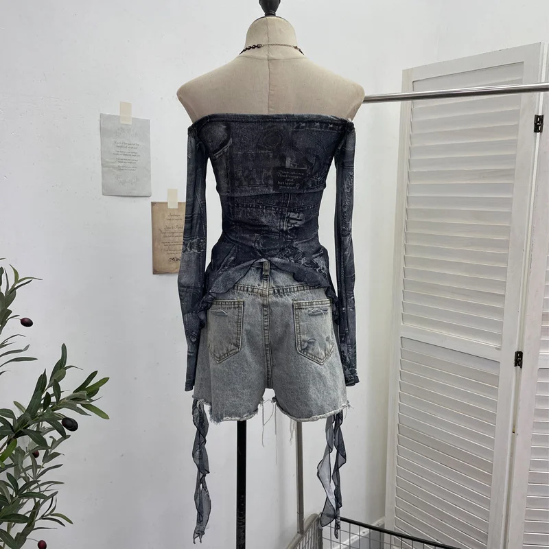 Nigikala Nigikala Shot Raging Butterfly Embroidery Y2k Babes Punk Word Shoulder Tie-Dye Mesh T-Shirt With Short Top 1319