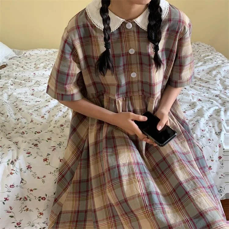 Dress Women Peter Pan Collar Retro Plaid Harajuku Kawaii Girl Loose Preppy Style Leisure Summer Popular Ulzzang Midi Vintage New