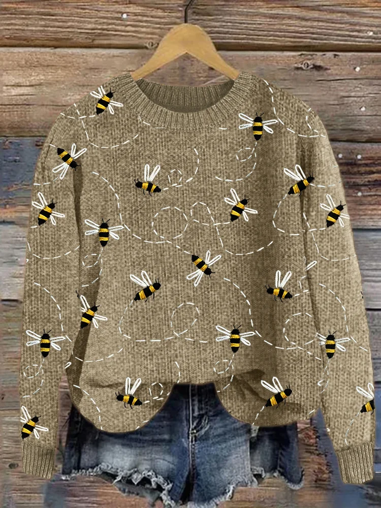VChics Flying Bees Embroidery Pattern Cozy Knit Sweater