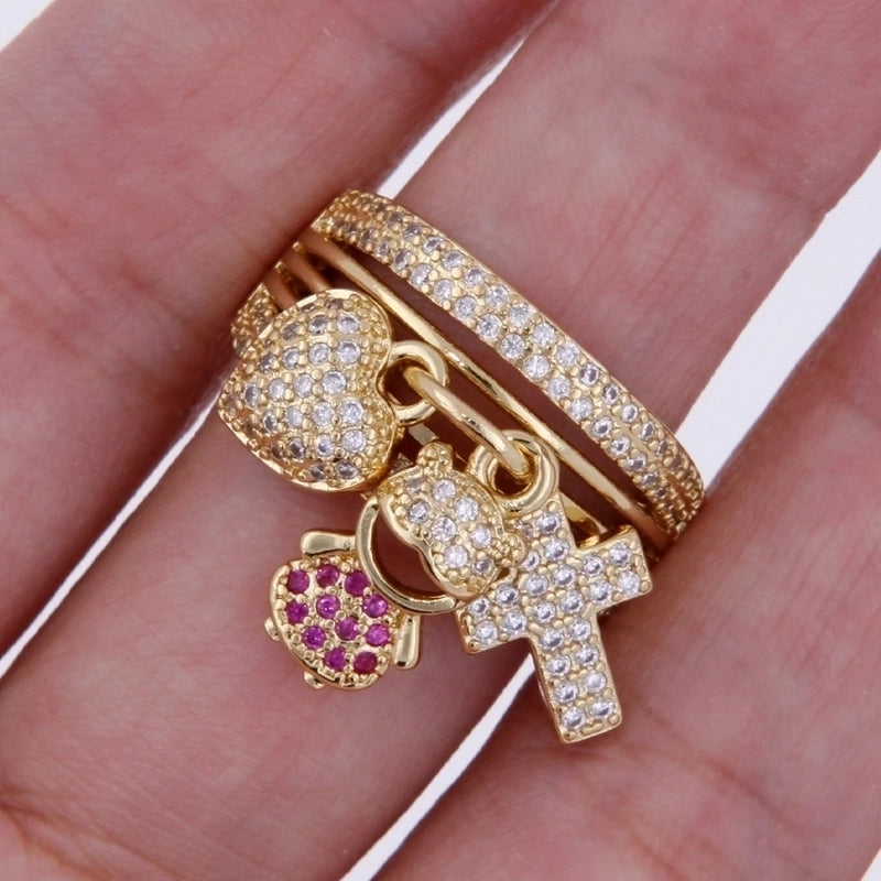 Copper 18K Gold Plated Cute Modern Style Plating Inlay Human Heart Shape Zircon Wide Band Rings Charm Rings Open Rings