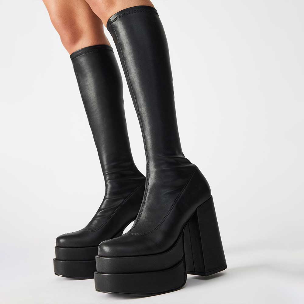 Black Round Toe Platform Knee-High Stretch Boots with Chunky Heel