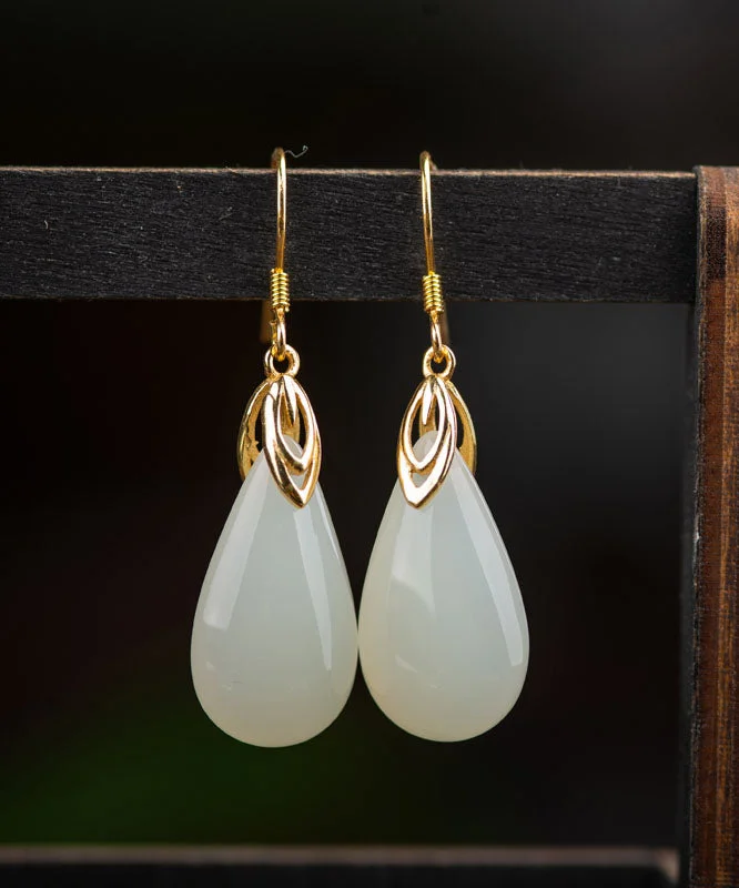 Simple Gold Sterling Silver Overgild 18K Gold Jade Water Drops Drop Earrings